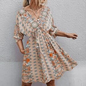 Cream‎ and Orange Puff Sleeve Sundress with V-neck